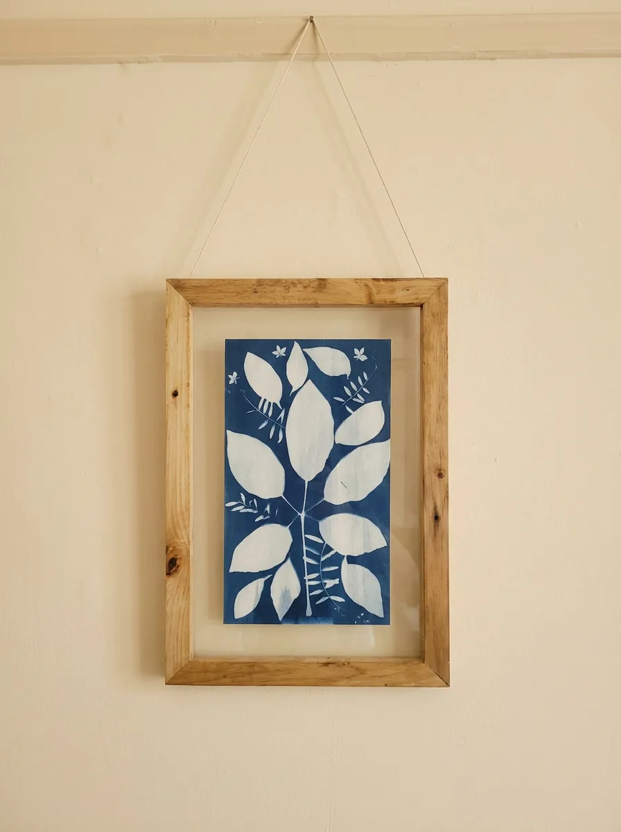 Framed cyanotype botanical print of a single leaf and fern spray